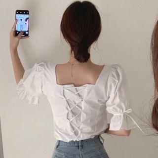 Puff Sleeve Lace-up Crop Shirt