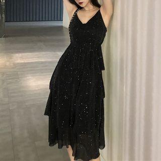 Spaghetti Strap Glitter A-line Midi Tiered Dress