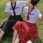 Bow Accent Short-sleeve T-shirt / Tiered Midi Skirt