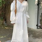 Long-sleeve Open-placket Midi Smock Dress
