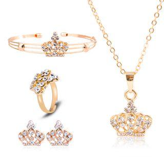 Set: Rhinestone Crown Open Ring + Necklace + Stud Earring + Open Bangle Set - Gold - One Size