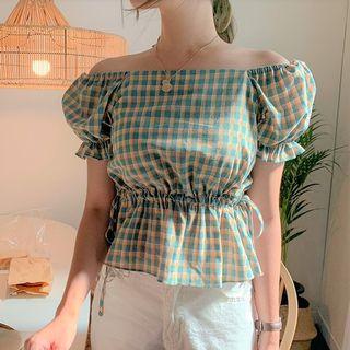 Short-sleeve Tie-waist Plaid Top Green - One Size