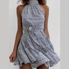 Print High Neck Tie Waist Detailed Mini Dress
