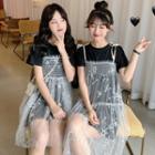 Set: Short-sleeve Mini T-shirt Dress + Star Patterned Mesh A-line Dress