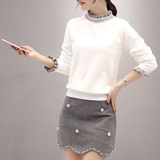 Set: Long-sleeve Ruffle Trim Top + Skirt