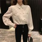 Double-breasted Balloon-sleeve Blouse White - One Size