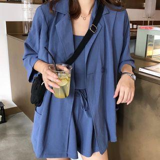 Set: Camisole Top + Double-breasted 3/4-sleeve Blazer + Drawstring Wide-leg Shorts