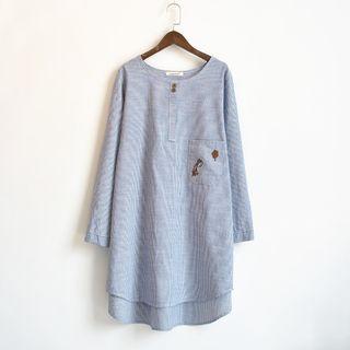 Embroidered Striped Long Sleeve Dress