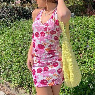 Sleeveless V-neck Floral Print Mini Bodycon Dress