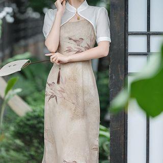 Set: Spaghetti Strap Floral Print Midi Dress + Short-sleeve Shrug