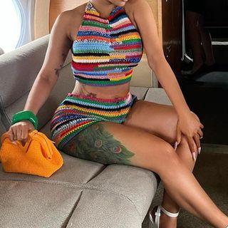 Set: Halter Rainbow Stripe Crop Top + Shorts