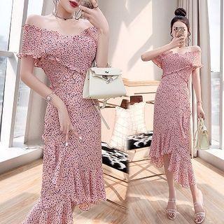 Short-sleeve Shirred Floral Chiffon Irregular Mermaid Midi Dress