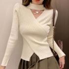 Mock-neck Keyhole Ribbed Knit Top