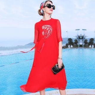 Embroidered Side Tie Elbow-sleeve A-line Dress