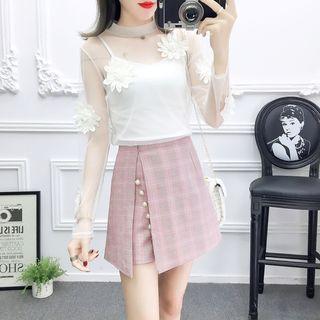 Set: Long-sleeve Flower Mesh Top + Plaid Skort