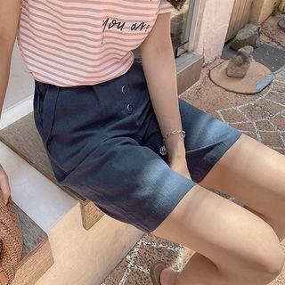 Button-trim Linen Blend Shorts