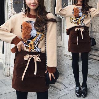 Set: Eagle Embroidered Pullover + Mini A-line Skirt