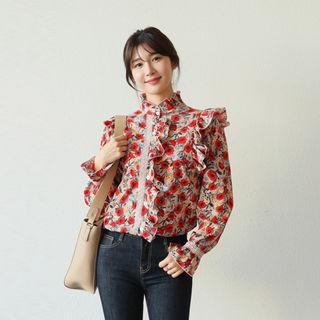 Crochet-trim Frilled Floral Blouse Beige - One Size