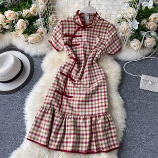 Mandarin Collar Short-sleeve Frog-button Plaid A-line Dress