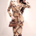 Patterned Collared Long-sleeve Sheath Dress