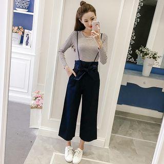 Set: Striped T-shirt + Wide-leg Denim Jumper Pants