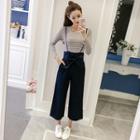 Set: Striped T-shirt + Wide-leg Denim Jumper Pants