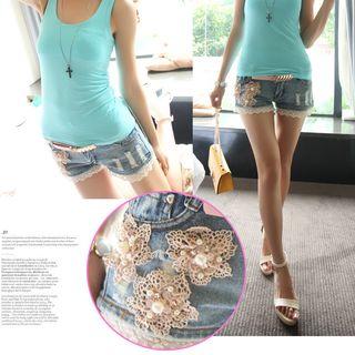 Lace Trim Embellished Denim Shorts