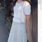 Short-sleeve Plain Knit Top / Flower Print Midi A-line Skirt
