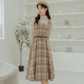 Plaid Midi Overall Dress / Turtleneck Top / Set