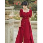 Puff-sleeve Square-neck Button-up Dress