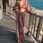 Set: Long-sleeve Patterned Crop Top + Wide Leg Pants