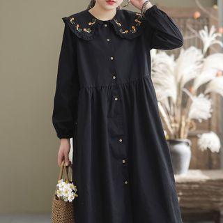 Long-sleeve Peter Pan Collar Button-up Midi A-line Dress