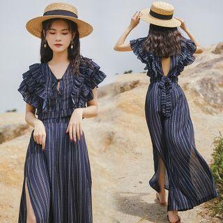 Set: Short-sleeve Striped Ruffled Open-back Top + Wide Leg Pants