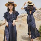 Set: Short-sleeve Striped Ruffled Open-back Top + Wide Leg Pants