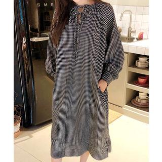 Tie-neck Check Dress Black - One Size