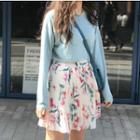 Plain Long Sleeve T-shirt / Floral Print Pleated Skirt