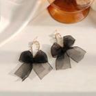 Bow Mesh Dangle Earring 1 Pair - 925 Silver Needle - Bow - Black - One Size