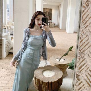 Ruffle Cardigan / Spaghetti-strap Maxi Dress