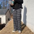 Band-waist Checked Wide-leg Pants Black - One Size