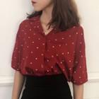 Elbow-sleeve Dotted Open-collar Shirt