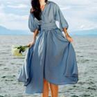 3/4/-sleeve Sashed Midi A-line Dress