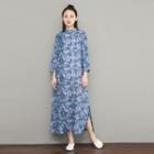 3/4-sleeve Print Maxi Qipao Dress Blue - One Size