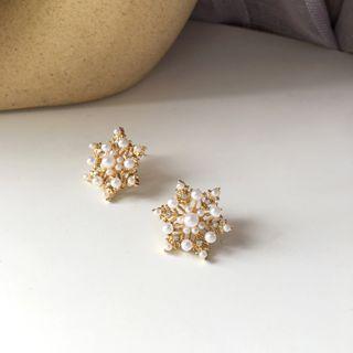 Faux Pearl Rhinestone Alloy Snowflake Earring 1 Pair - White Pearl - Gold - One Size