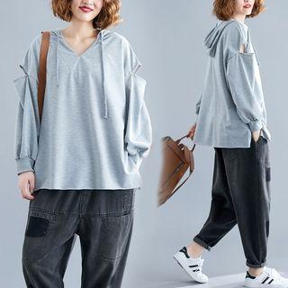 Plain Hooded Ripped Sweatshirt Gray - F