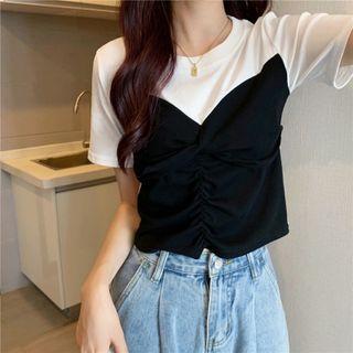 Mock Two-piece Panel Ruched Short-sleeve Top