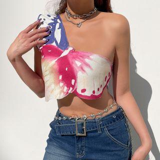 Sleeveless One-shoulder Butterfly Print Cropped Top Rose Red & Purple - One Size