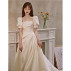 Puff-sleeve Twist-front A-line Wedding Gown