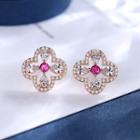 Rhinestone Clover Earring Silver Needle - Rose Gold - One Size