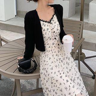 Flower Print Spaghetti Strap Midi A-line Dress / Cardigan / Set