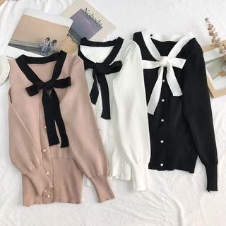 Contrast-trim Tie-neck Beaded Sweater